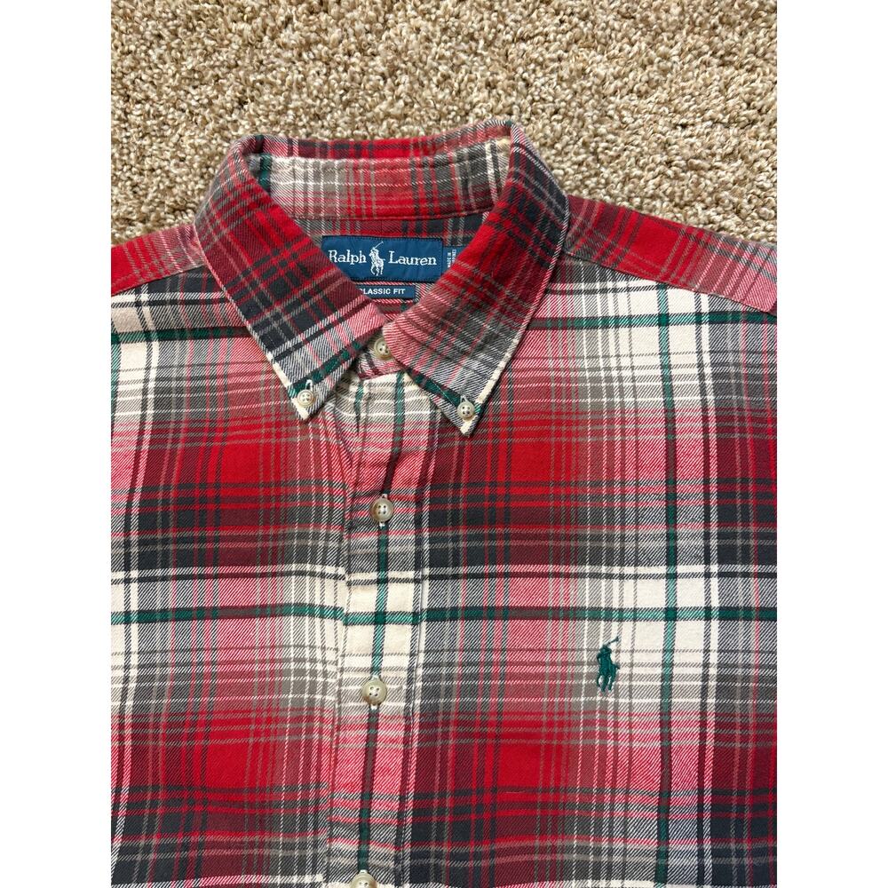 Vintage Ralph Lauren Classic Fit Red Plaid Flannel Button Down Shirt Men Size XL